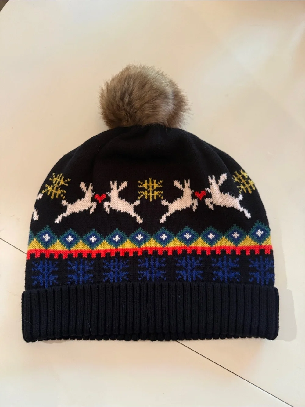 Hanna Andersson Navy Knit Pom Beanie with Reindeer Motif